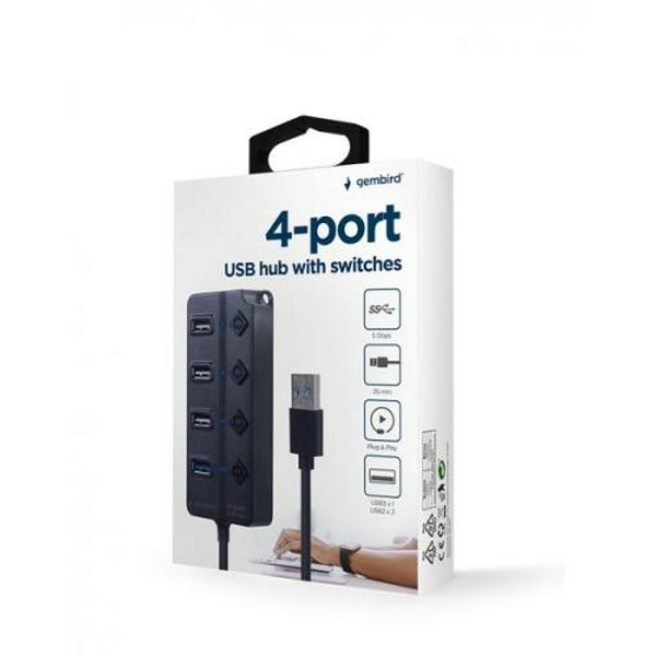 Хаб USB Gembird UHB-U3P1U2P3P-01, Black, USB 3.1 - 1xUSB 3.1 / 3xUSB 2.0, кабель 25 см, вимикач з підсвічуванням для кожного порту - 3