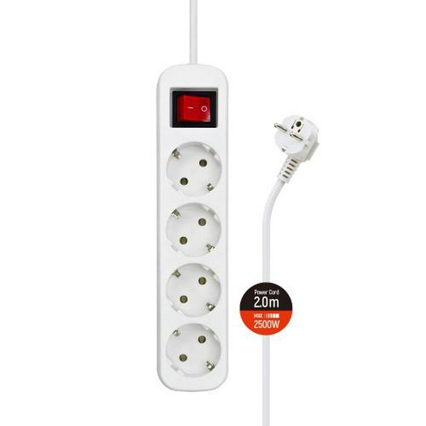 Фільтр мережевий ColorWay, 4 розетки, 2 м, White, 10А, до 2.5 кВт, заземлення, вимикач, 3x1 мм² (CW-PSEA42W)