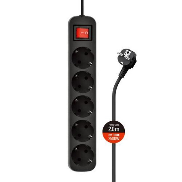 Фільтр мережевий ColorWay, 5 розеток, 2 м, Black, 10А, до 2.5 кВт, заземлення, вимикач, 3x1 мм² (CW-PSEA52BK)