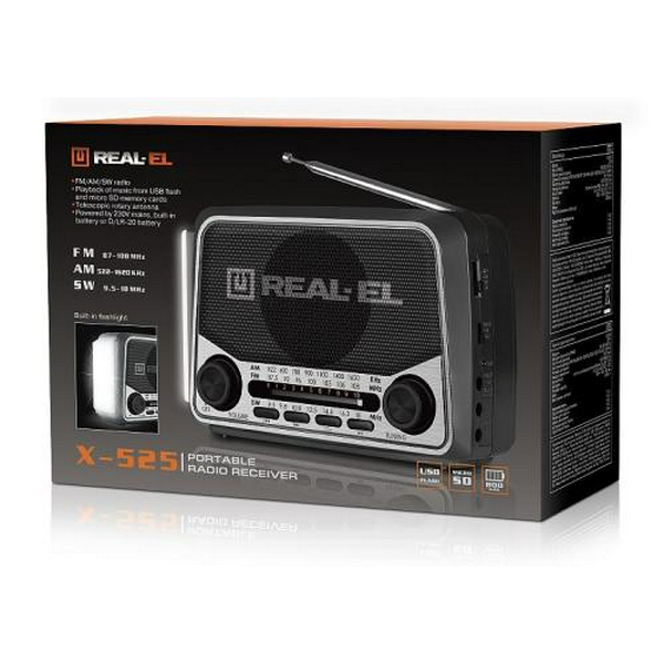 Радіоприймач 1.0 Real-El X-525 Grey, 3 Вт, пластиковий корпус, FM/AM/SW, USB, SD/microSD, акумулятор, ліхтарик - 8