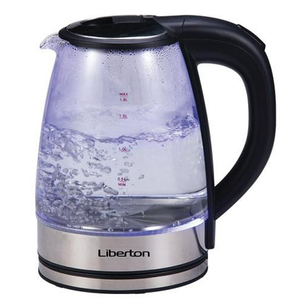 Електрочайник Liberton LEK-6809, Black, 1500W, 1.8л, скло+нерж.сталь, дисковий, індикатор рівня води, захист від перегріву, відключення за відсутності води