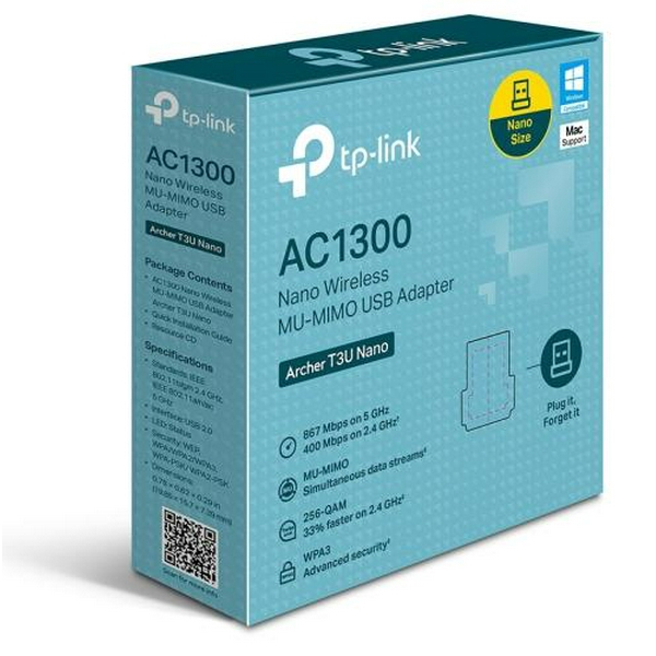 Мережевий адаптер USB TP-LINK Archer T3U Nano, Black, 5GHz / 2.4GHz, AC1300 (867 / 400 Мбит/с), USB 2.0, мініатюрний розмір, MU-MIMO - 3