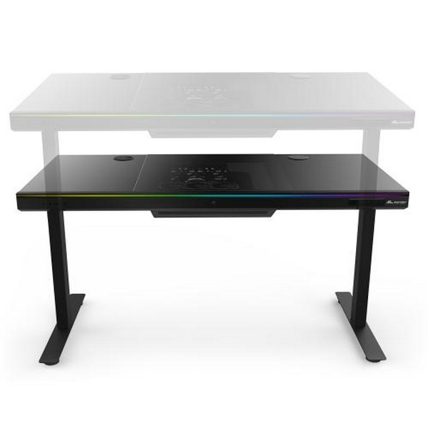 Комп'ютерний стіл ALmordor E140G Black, Gaming Desk, EATX / ATX / Micro ATX, CPU - 135 мм / VGA - 370 мм, 2xUSB 3.0, 1xType-C, 2in1 audio, RGB-підсвічування, PD Fast Charge, беспроводная зарядка (Qi), алюминий, закаленное стекло, сталь - 2