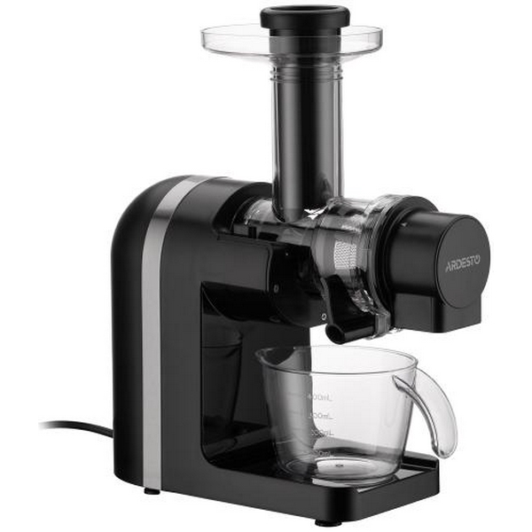 Соковитискач Ardesto JEG-1500S, Black, шнекова, 200Вт, повільне віджимання 90об/хв, ємність для соку 400мл, ємність для м'якоті 700мл, крапля-стоп, малошумний двигун, реверс, щіточка для очищення - 2