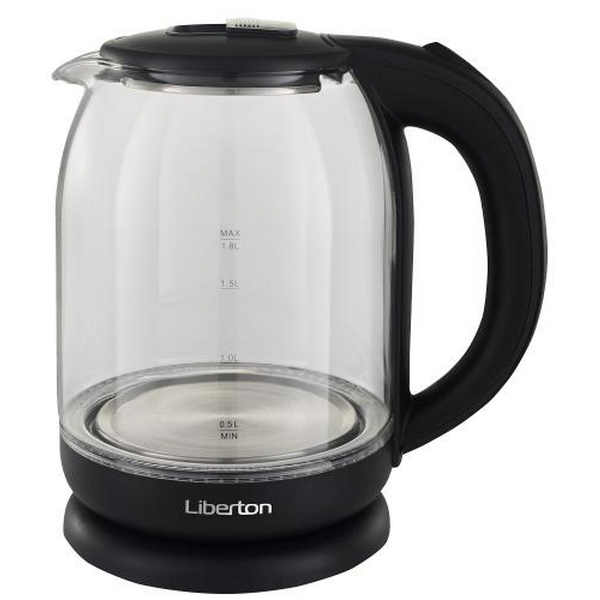 Електрочайник Liberton LEK-6808, Black, 1500W, 1.8 л, скло, дисковий, LED-підсвічування, індикатор рівня води