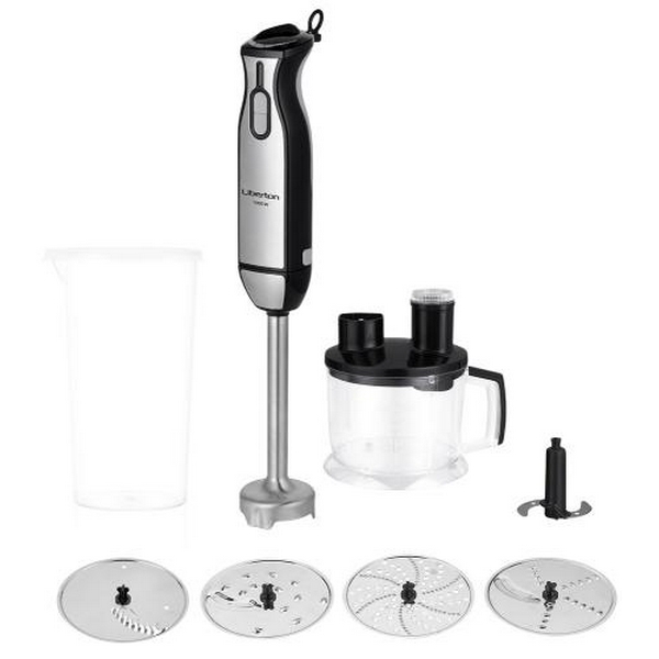 Блендер Liberton LHB-0308 Black, 1000W, занурювальний, плавне регулювання швидкості+Турбо, вінчик для збивання, мірний стакан (600мл), мультиподрібнювач (1750мл), диски для грубого і дрібного нарізання овочів і фруктів, тертка, насадка для нарізання 