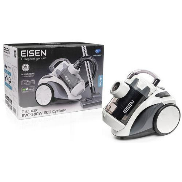 Пилосос Eisen EVC-390W ECO Cyclone White, 900W, контейнер, об'єм пилозбірника 2л, універсальна щітка підлога/килим; 2в1 для м'яких меблів і щілинна, HEPA-фільтр, регулювання потужності на корпусі, технологія Multi-Cyclone, мікрофільтр  - 8
