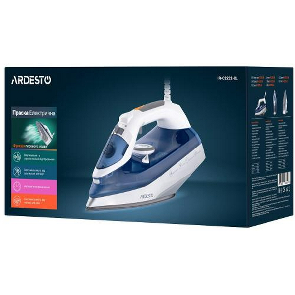 Праска Ardesto IR-C2232-BL, White/Blue, 2200W, кераміка, паровий удар, постійний пар 35г/хв, резервур 320мл, вертикальне відпарювання, захист від кальцинації, антикрапля, плавне регулювання потужності пари, автоматичне відключення - 6
