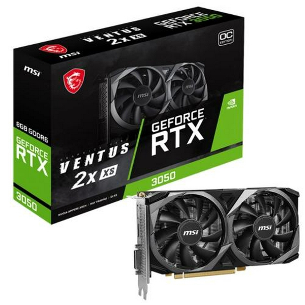 Відеокарта GeForce RTX 3050, MSI, VENTUS 2X XS OC, 8Gb GDDR6, 128-bit, DVI-D/HDMI/DP, 1807/14000 MHz, 6-pin (RTX 3050 VENTUS 2X XS 8G OC)