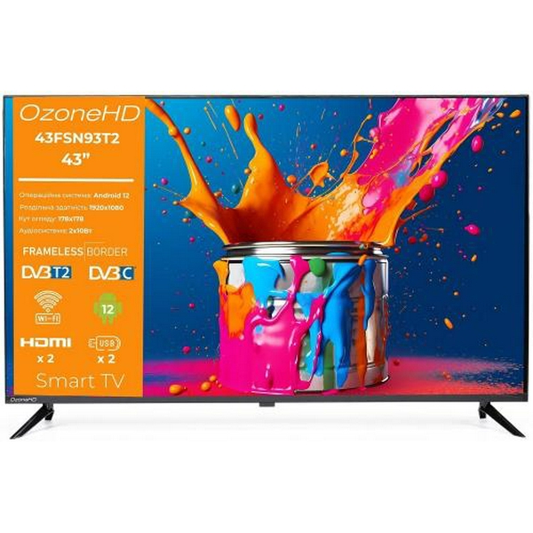 Телевізор 43" OzoneHD 43FSN93T2, LED Full HD 1920x1080 60Hz, Smart TV, DVB-T2, HDMI, USB, Vesa 200x200