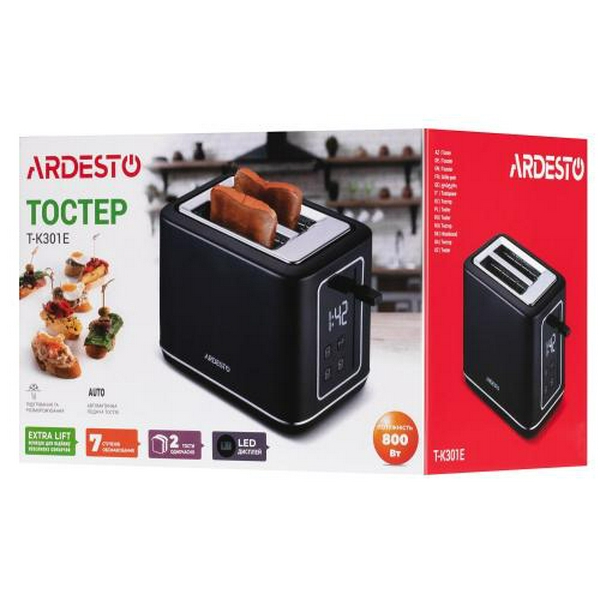 Тостер Ardesto T-K301E, Black, 800W, 2 тости, 2 відділення, 7 режимів підсмажування, дисплей з індикацією часу приготування, автоцентрування, кнопка скасування приготування, підігрів - 6