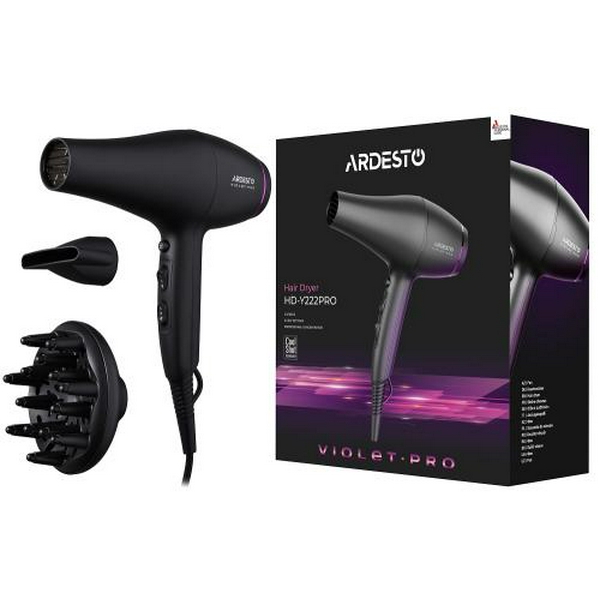 Фен Ardesto HD-Y222PRO, Black, 2200W, 2 швидкості, 3 режими, дифузор, концентратор, функція "Cool Shot", захист від перегріву, Soft Touch покриття - 7