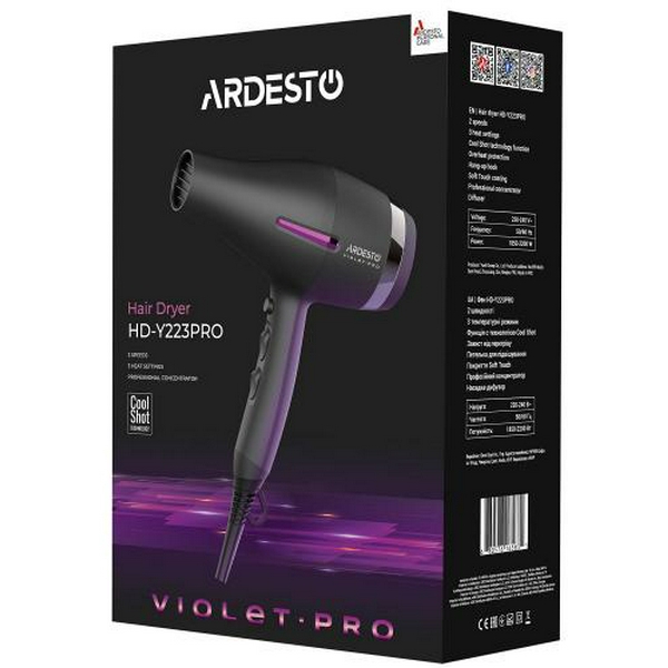 Фен Ardesto HD-Y223PRO, Black, 2200W, 2 швидкості, 3 режими, дифузор, концентратор, функція "Cool Shot", захист від перегріву, Soft Touch покриття - 6