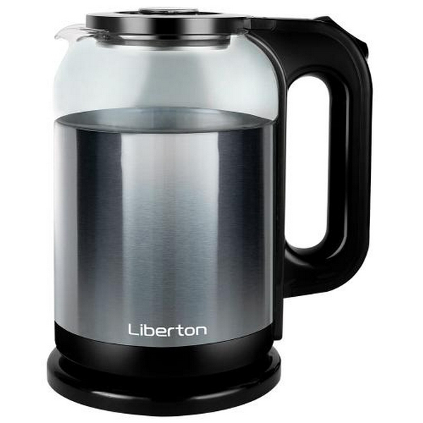 Електрочайник Liberton LEK-6829, Black/Inox, 1500W, 1.8л, дисковий, подвійна стінка (нержавіюча сталь+скло), LED-підсвічування, автовідключення, індикатор включення, відкривання кришки ручне, шкала рівня води внутрішня