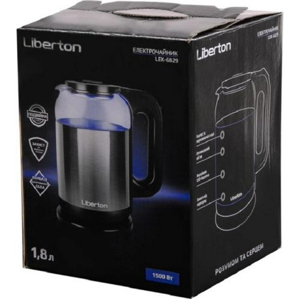 Електрочайник Liberton LEK-6829, Black/Inox, 1500W, 1.8л, дисковий, подвійна стінка (нержавіюча сталь+скло), LED-підсвічування, автовідключення, індикатор включення, відкривання кришки ручне, шкала рівня води внутрішня - 7