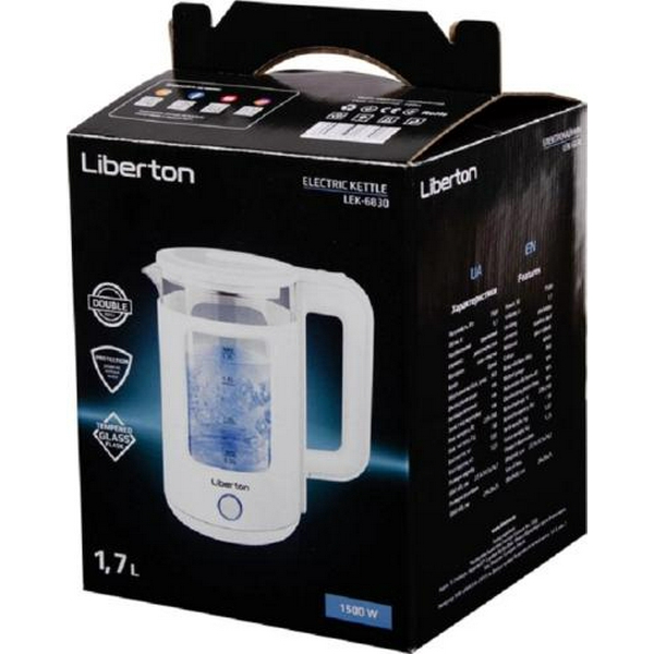 Електрочайник Liberton LEK-6830, White, 1500W, 1.7л, дисковий, подвійна стінка (нержавіюча сталь+скло), LED-підсвічування, автовідключення, індикатор включення, відкривання кришки ручне, шкала рівня води внутрішня - 8