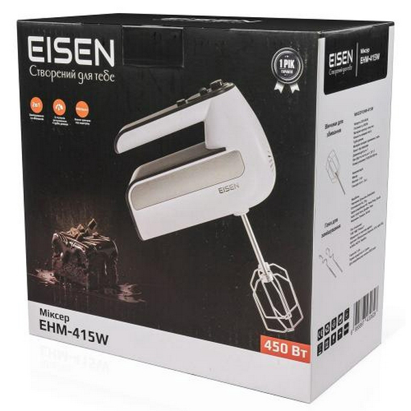 Міксер Eisen EHM-415W, White, 450W, ручний, 5 швидкостей, турбо режим, вінчики, гаки для замісу тіста, захист від перегріву - 6