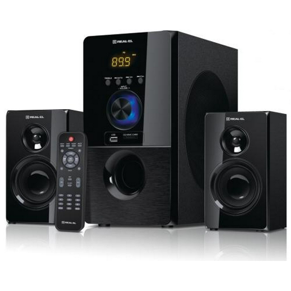 Колонки 2.1 REAL-EL M-555 Black, сателіти 2 x 12.5 Вт, сабвуфер 30 Вт, МДФ, Bluetooth, FM-тюнер, USB/SD, дисплей, живлення від мережі 220V, керування спереду + пульт ДК