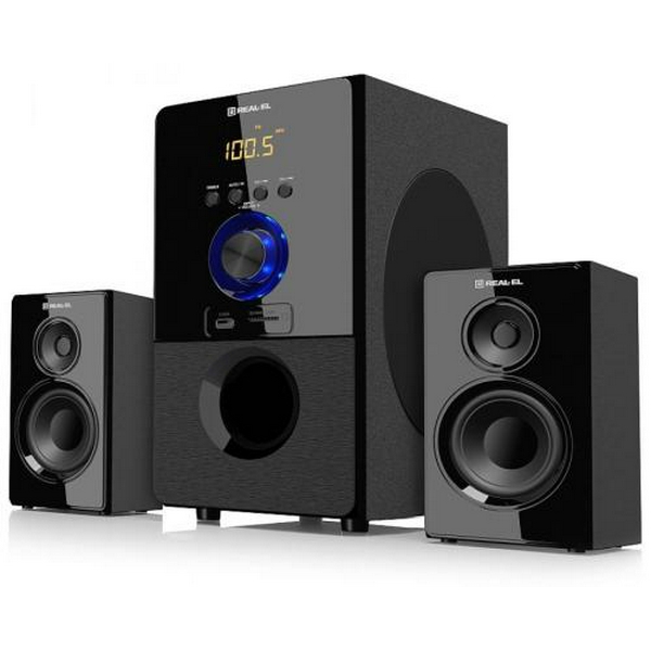 Колонки 2.1 REAL-EL M-555 Black, сателіти 2 x 12.5 Вт, сабвуфер 30 Вт, МДФ, Bluetooth, FM-тюнер, USB/SD, дисплей, живлення від мережі 220V, керування спереду + пульт ДК - 2