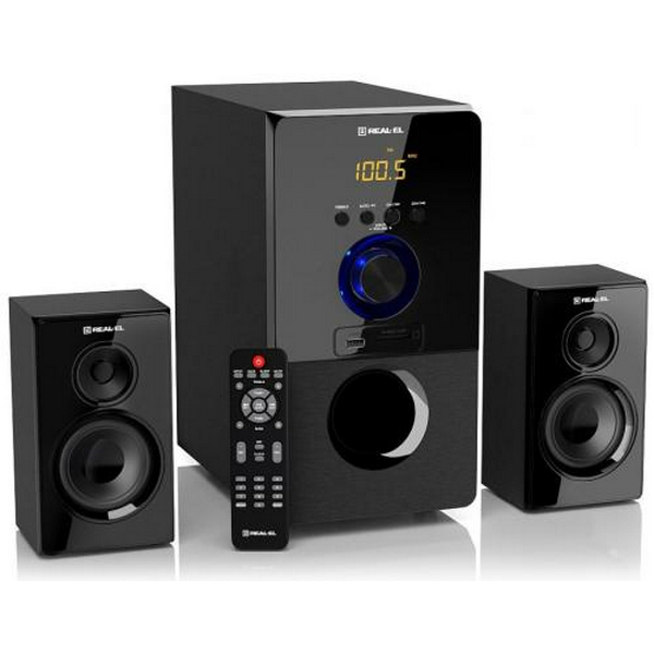 Колонки 2.1 REAL-EL M-555 Black, сателіти 2 x 12.5 Вт, сабвуфер 30 Вт, МДФ, Bluetooth, FM-тюнер, USB/SD, дисплей, живлення від мережі 220V, керування спереду + пульт ДК - 4