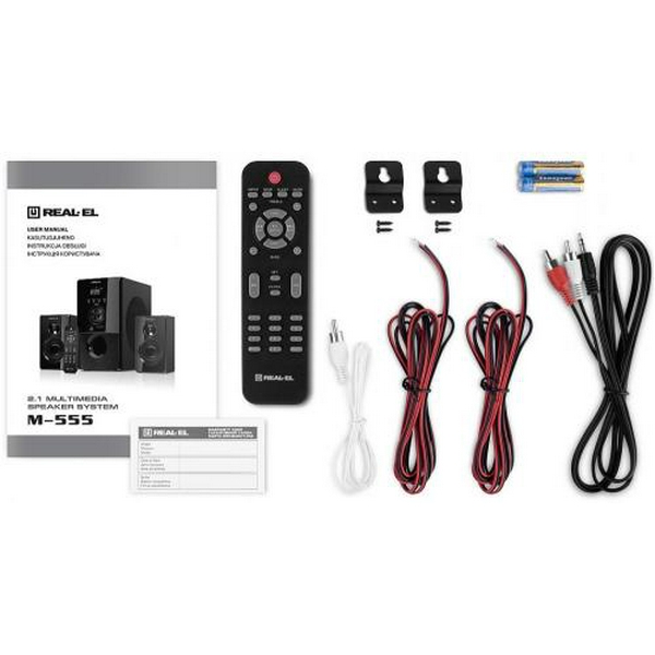 Колонки 2.1 REAL-EL M-555 Black, сателіти 2 x 12.5 Вт, сабвуфер 30 Вт, МДФ, Bluetooth, FM-тюнер, USB/SD, дисплей, живлення від мережі 220V, керування спереду + пульт ДК - 6