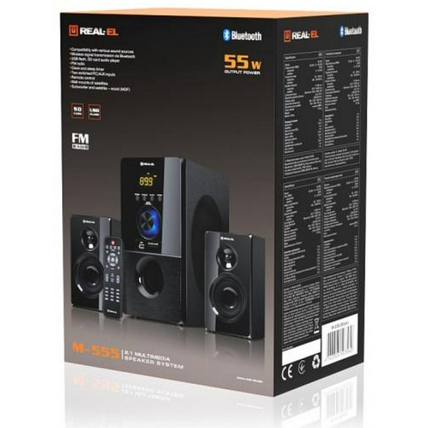 Колонки 2.1 REAL-EL M-555 Black, сателіти 2 x 12.5 Вт, сабвуфер 30 Вт, МДФ, Bluetooth, FM-тюнер, USB/SD, дисплей, живлення від мережі 220V, керування спереду + пульт ДК - 7