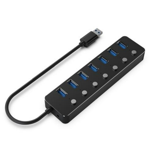 Хаб USB Gembird UHB-U3P7P-01, Black, USB 3.1 - 7xUSB 3.1, кабель 24 см, вимикач для кожного порту, алюминиевый корпус
