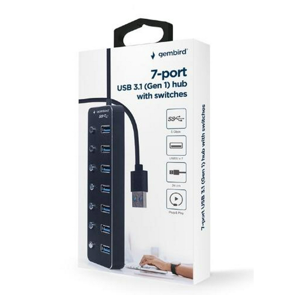 Хаб USB Gembird UHB-U3P7P-01, Black, USB 3.1 - 7xUSB 3.1, кабель 24 см, вимикач для кожного порту, алюминиевый корпус - 2