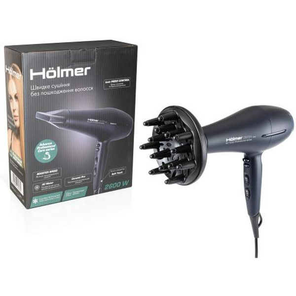 Фен Holmer HHD-260I PRO, Black, 2600W, 2 швидкості, 3 режими, іонізація, діфузор, концентратор, AC motor, функція Cool Shot, ручка Soft Touch, нагрівальний елемент керамічний - 8