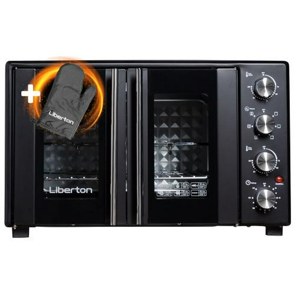 Електродуховка Liberton LEO-500 Black, 1700W, 50л, подвійні розпашні дверцята, 6 режімів нагріву, конвекція, підсвітка, 70-250 °C, механічне керування, таймер, рожен, решітка, деко, лоток для крихт та жиру, тримач для дека, ТЕРМОРУКАВИЦЯ У ПОДАРУНОК