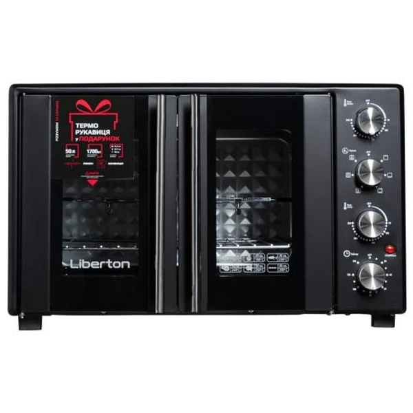 Електродуховка Liberton LEO-500 Black, 1700W, 50л, подвійні розпашні дверцята, 6 режімів нагріву, конвекція, підсвітка, 70-250 °C, механічне керування, таймер, рожен, решітка, деко, лоток для крихт та жиру, тримач для дека, ТЕРМОРУКАВИЦЯ У ПОДАРУНОК - 2