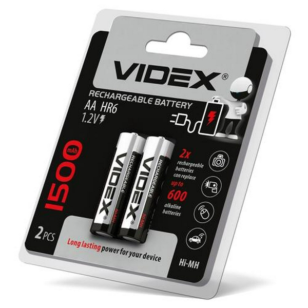 Акумулятор AA, 1500 mAh, Videx, 2 шт, 1.2V, Blister