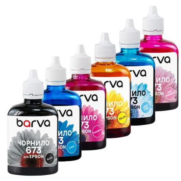 Комплект чорнил Barva Epson L800/L850/L1800, Black / Cyan / Light Cyan / Magenta / Light Magenta / Yellow, 6x90 г чорнил (L800-090-MP)