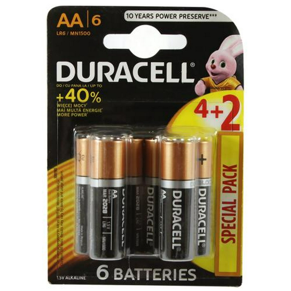 Батарейка AA (LR6), лужна, Duracell Duralock Basic, 6 шт, 1.5V,  (Duracell MN1500 BL6)