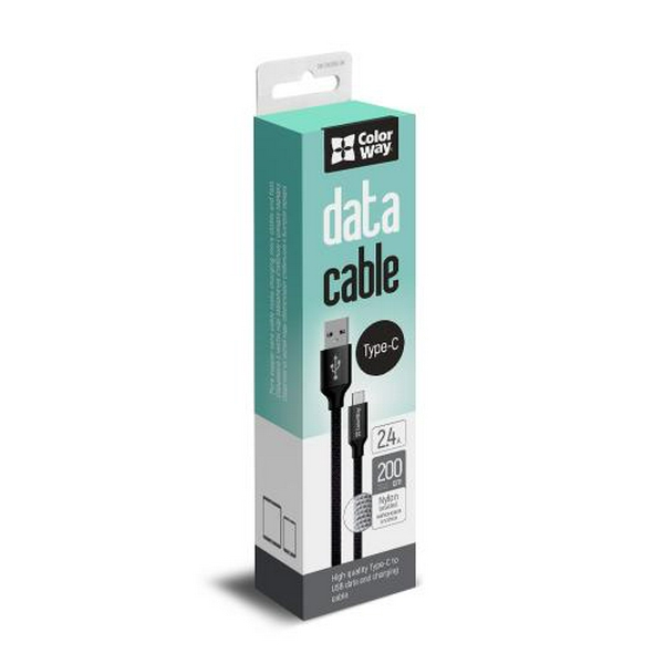 Кабель USB AM - Type-C, 2 м, Black, ColorWay, 2.4A (CW-CBUC008-BK)
