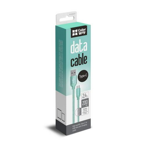 Кабель USB AM - Type-C, 2 м, Mint, ColorWay, 2.4A (CW-CBUC008-MT)