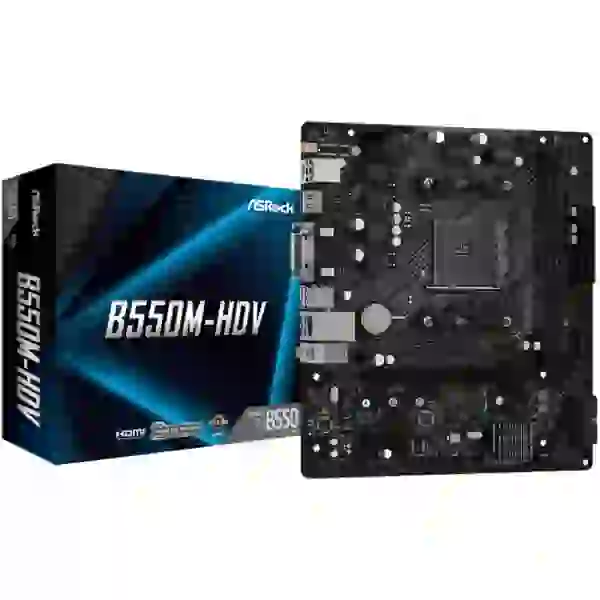 Мат.плата AM4 (B550) ASRock B550M-HDV, B550, 2xDDR4, Int.Video(CPU), 4xSATA3, 1xM.2, 1xPCI-E 16x 4.0, 1xPCI-E 1x 3.0, 1xM.2 (Key E), ALC887, RTL8111H, 6xUSB3.2/6xUSB2.0, VGA/DVI-D/HDMI, MicroATX